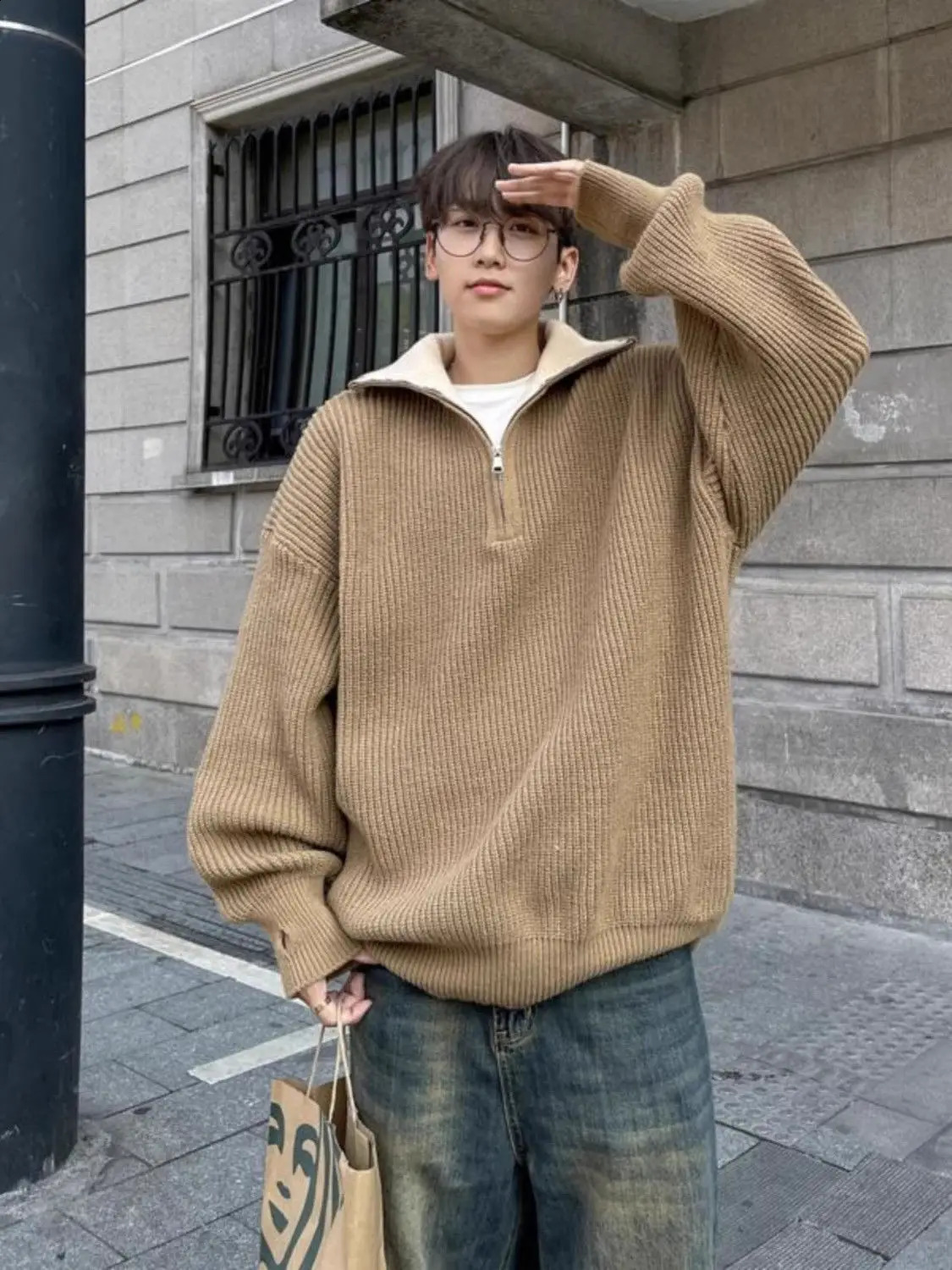American autumn and winter men and women trendy personality lazy style zipper lapel couple loose knit pullover sweater harajuku 241227
