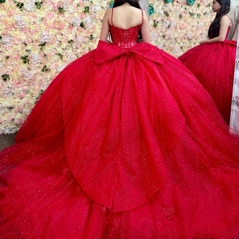 Red Quinceanera Dresses Ball Gown Spaghetti Strap Applique Bow Beads Tull Corset Party Birthday Sweet 16 Vestido De 15 Anos