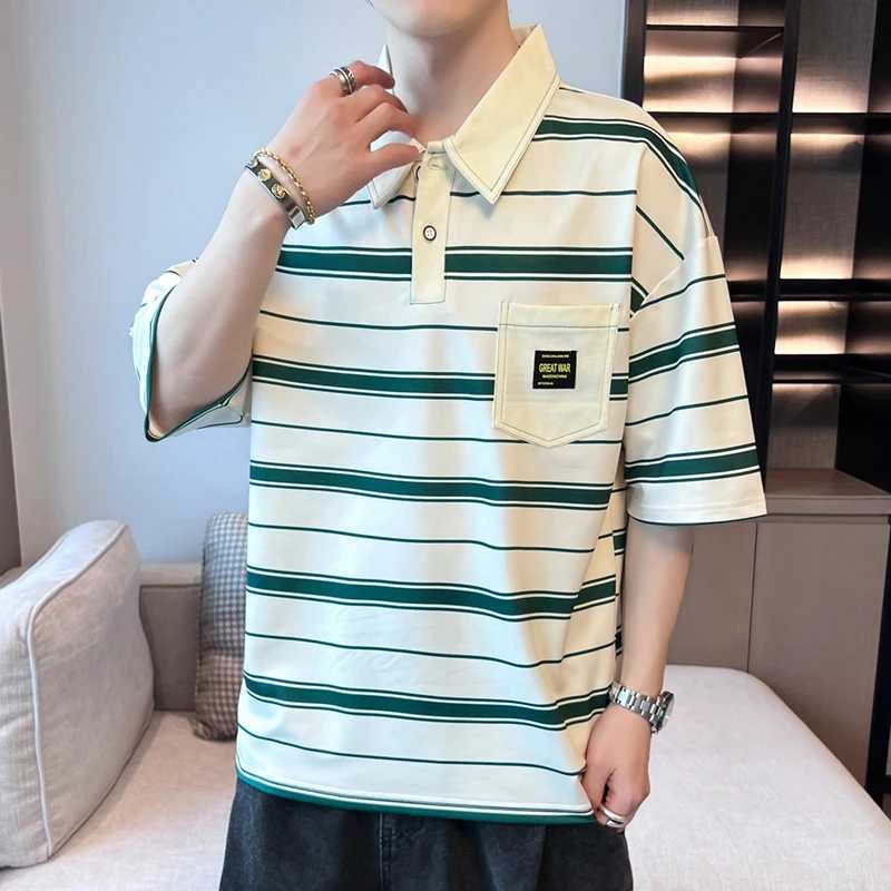 Mens Korean striped patchwork T-shirt summer casual loose half sleeved youthful and energetic shirt shirt X241228