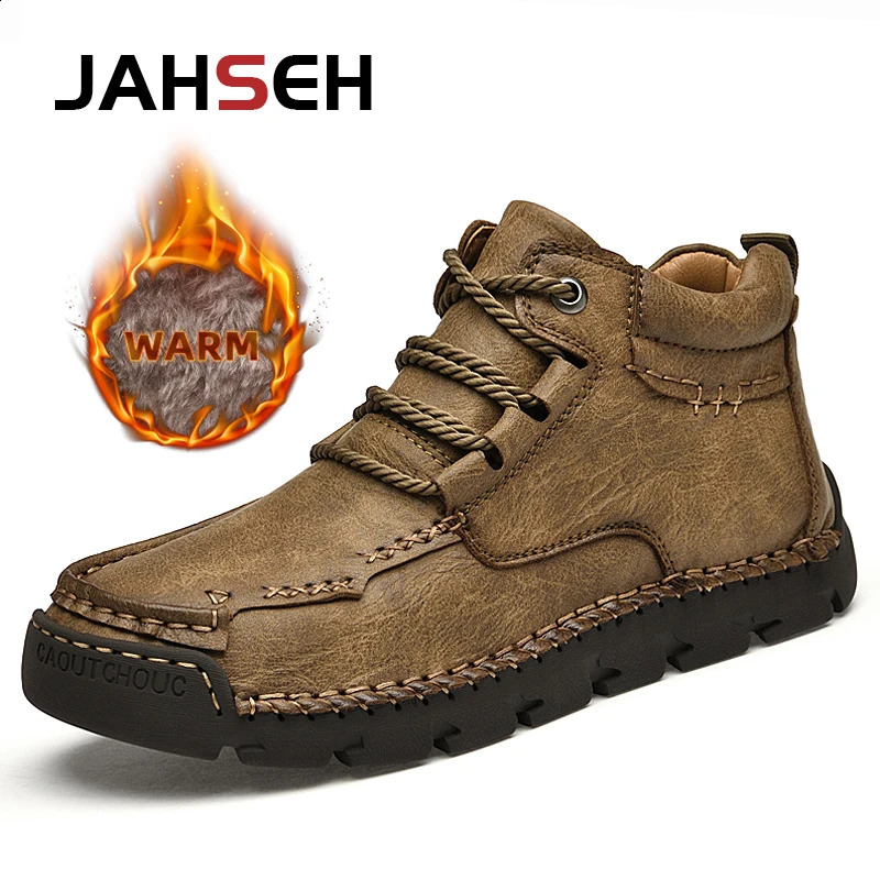 JAHSEH Leather Winter Men Boots With Fur Ankle Boots Men Leisure Keep Warm Western Boots Men Casual Sneakers Plus Size 48 241228