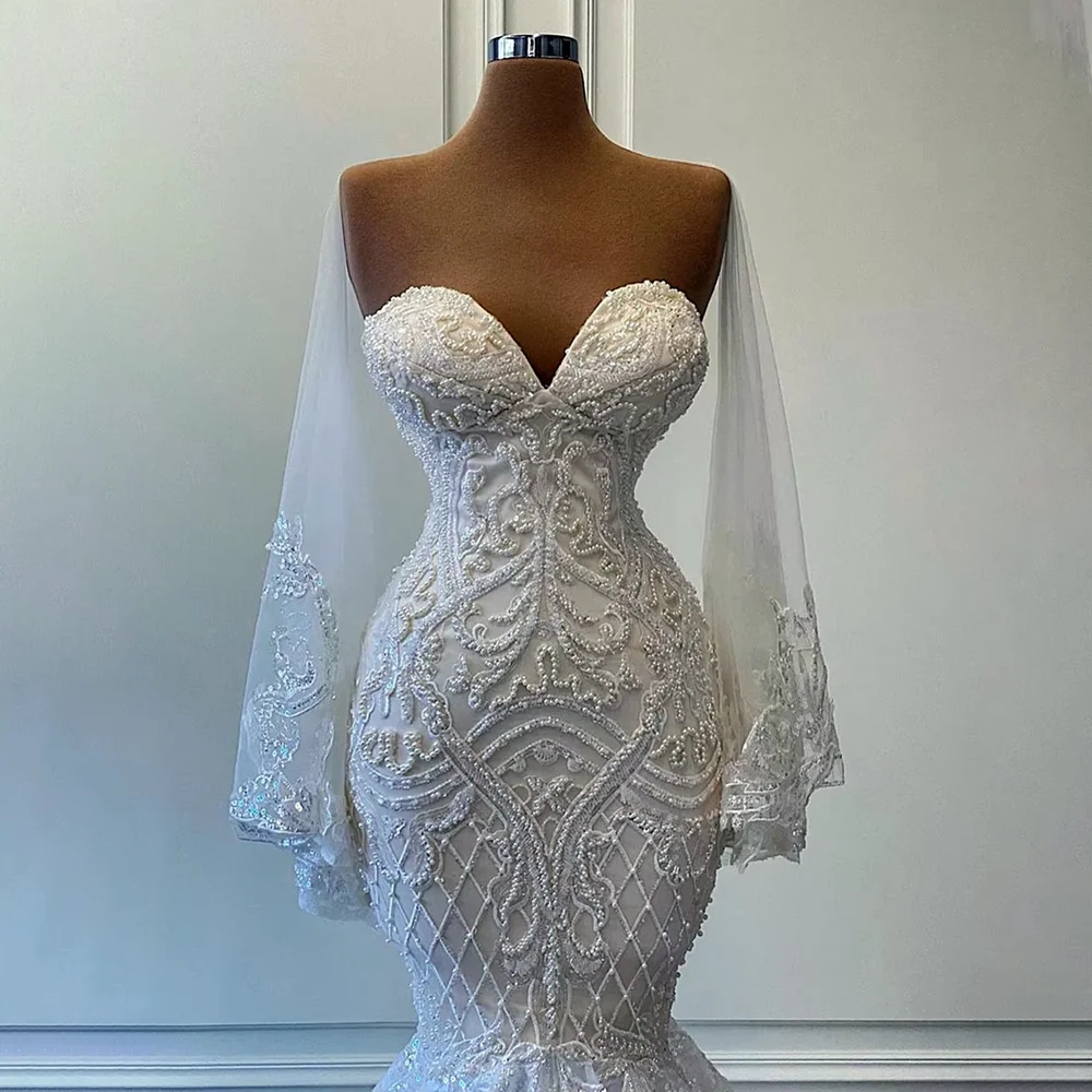 Mermaid Elegant Wedding Dresses For Bride Sweetheart Appliques Beads Lace Up Closure Sweep Train Organza Bridal Gowns Vestidos De Novia