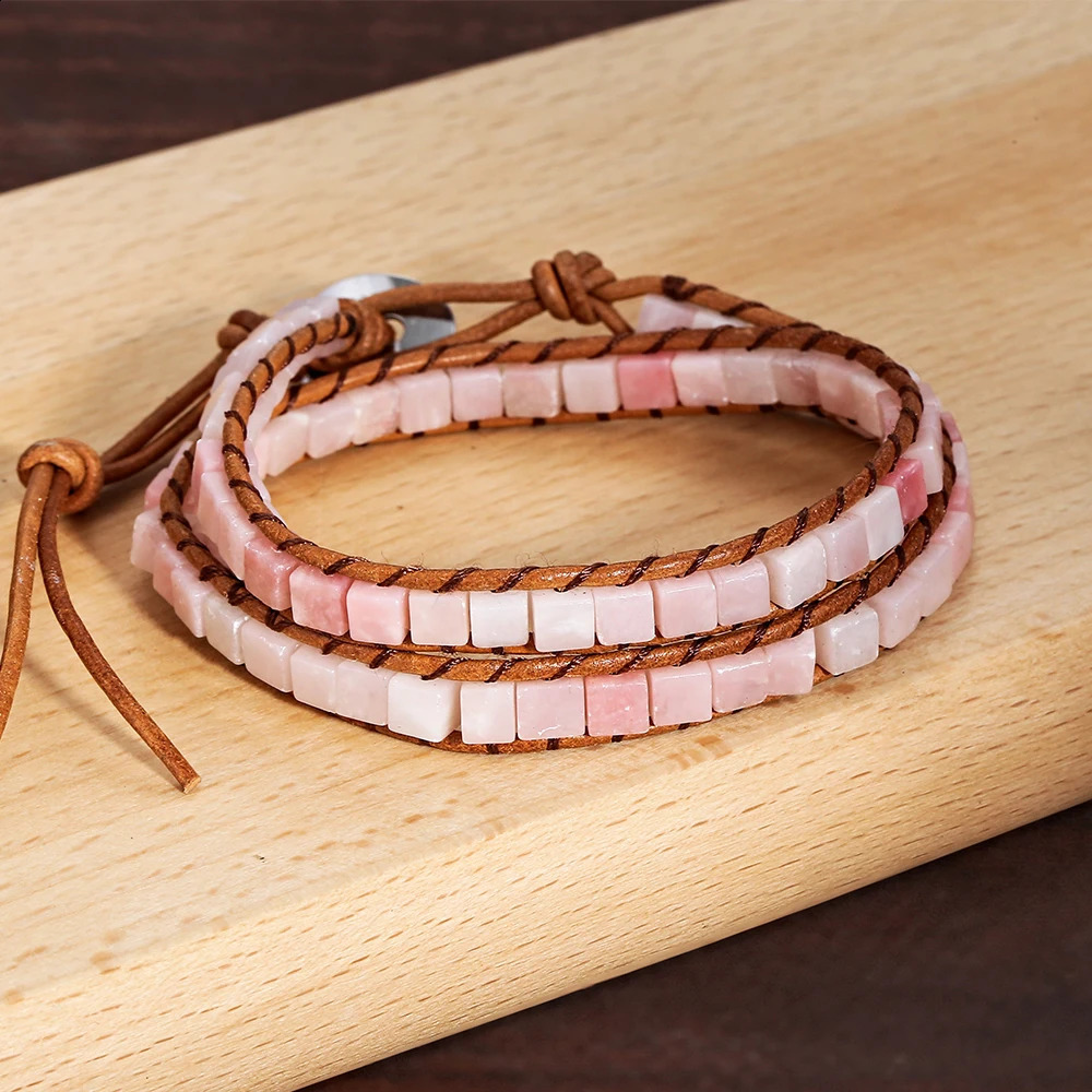 Leather Natural Pink Opal Stone 2 Wraps Bracelet 4mm Square Beads Handwoven Bohemain Women Adjustable Bracelet Jewelry for Gift 241227