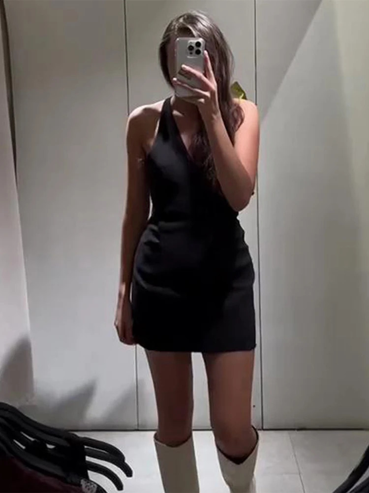 Elegant V Neck Backless Bow Dress Women Lace Up Slim O-neck Sleeveless Short Party Dresses 2024 Solid Straight Lady Robe 241223