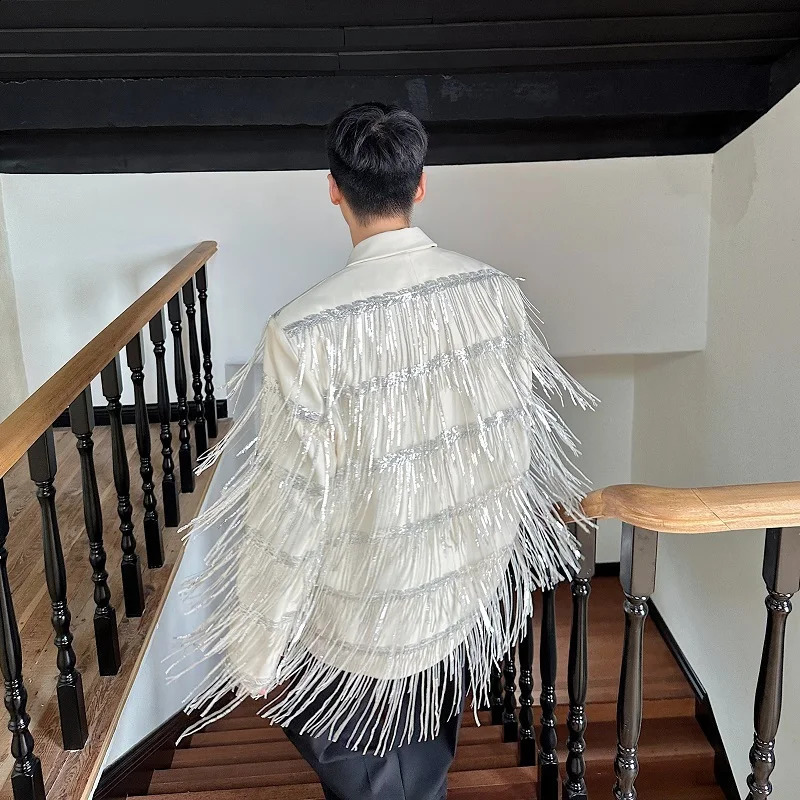 PFHQ autumn and winter personalized tassel sequin double-layer mesh lapel casual suit trendy solid color mens jacket 21Z7021 241227