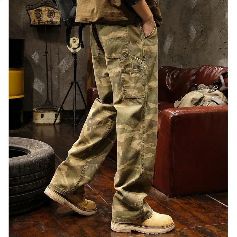 Camouflage Safari Style Jeans Men Autumn Chic High Street Loose Straight Trousers Wide Leg Casual Harajuku Pockets Painted Pants 241226