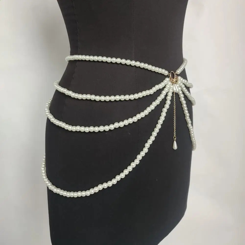 Womens Belly Chain Multi-Layer Waist Chain with Faux Pearl Decor Elegant Waistband for Dresses Skirts Belt Chain Body Jewelry 241227