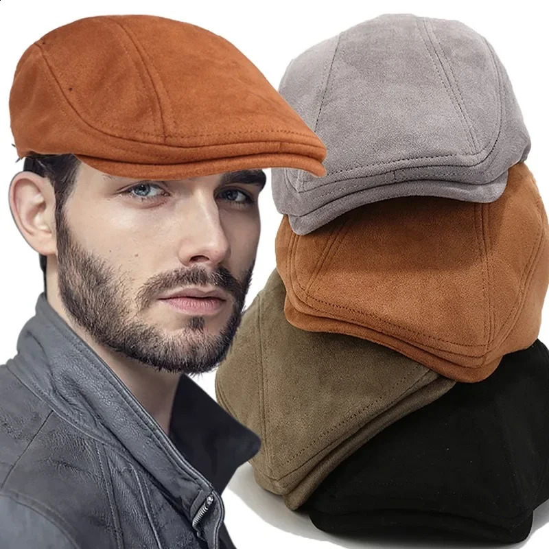 Mens suede Nap mens beret womens fashion autumn retro artist painter flat hat casual highquality s boy duckbill leather 241210