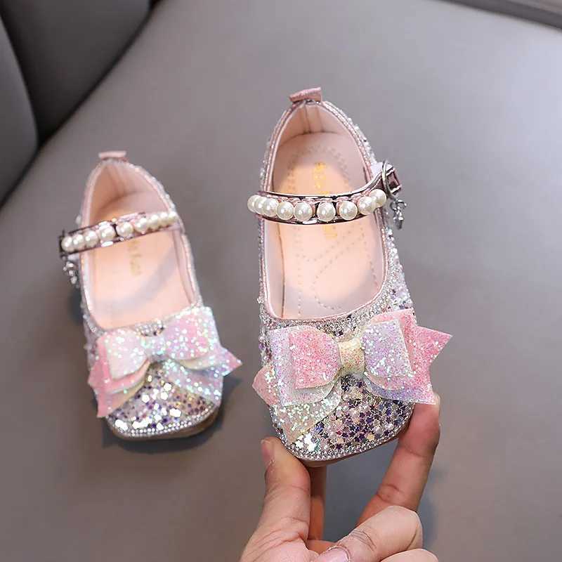 New Childrens Apartment Fashion Glitter Childrens Wedding Par Mary Jane Shoes Pearl Bow Girl Princess Leather Shoes W241228