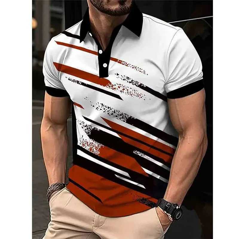 3D printed striped mens shirt shirt with colorful block graphics T-shirt summer casual oversized street collar top short sleeved T-shirt X241228