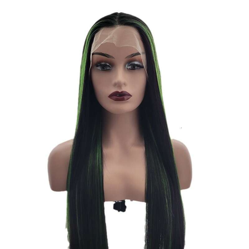 13 * 4 Women's Synthetic Front Lace Mid Split Long Straight Wig Black Green Mixed Color Kq2 Kq2