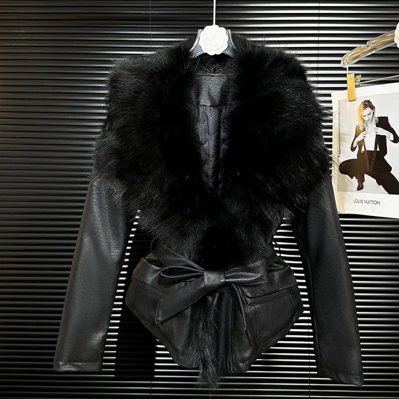 Fashion Waist Cinched Slimming Leopard Print Coat Women Clothing Winter Coat Large Fur Collar PU Leather Jacket for Women 241220