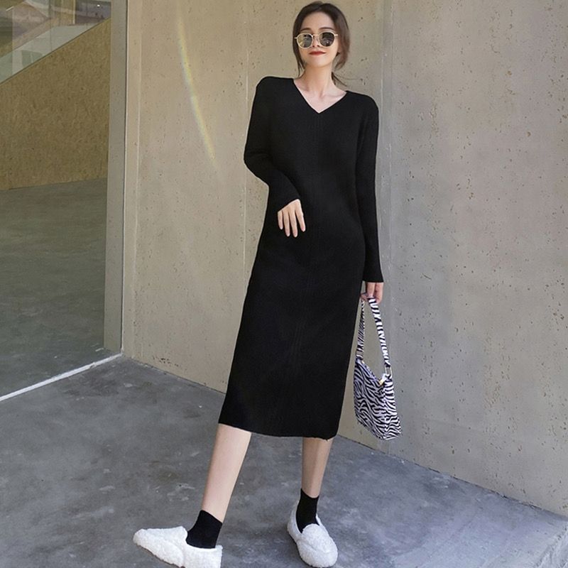 JC735 retro temperament new autumn and winter French 2024 knitted dress for women over the knee bottom v-neck