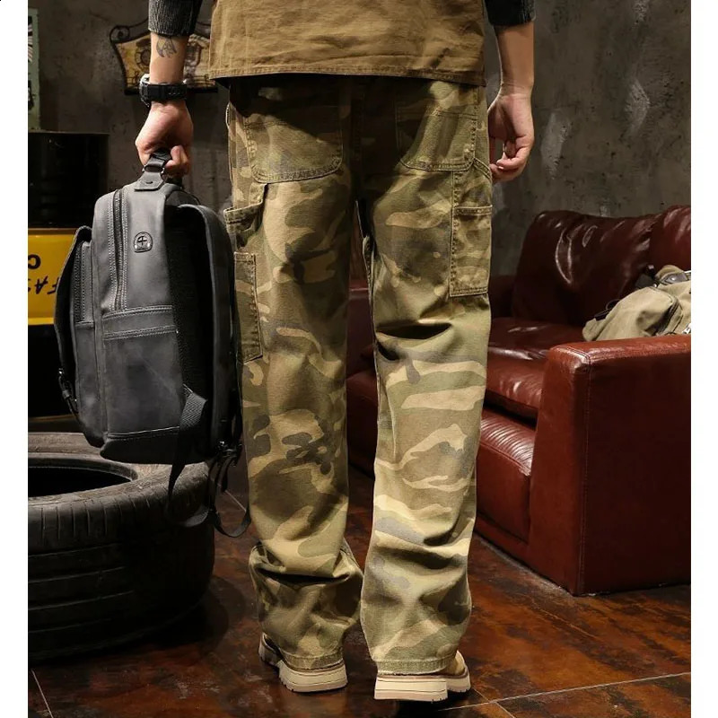 Camouflage Safari Style Jeans Men Autumn Chic High Street Loose Straight Trousers Wide Leg Casual Harajuku Pockets Painted Pants 241226