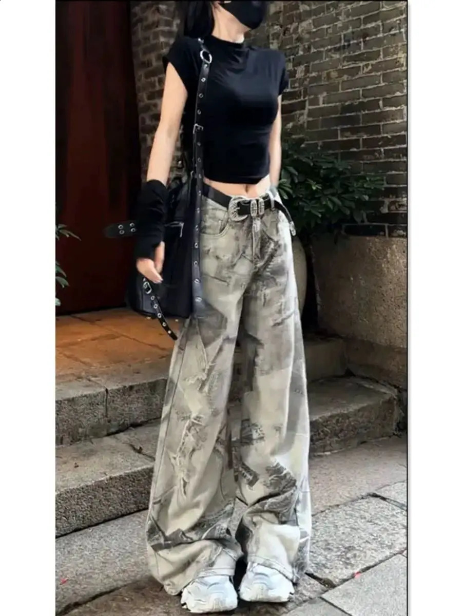 High Street Fashion Personality Retro Printed Thin Jeans for Women Waist Slimming Tie Dye Micro Pull Pants 241228