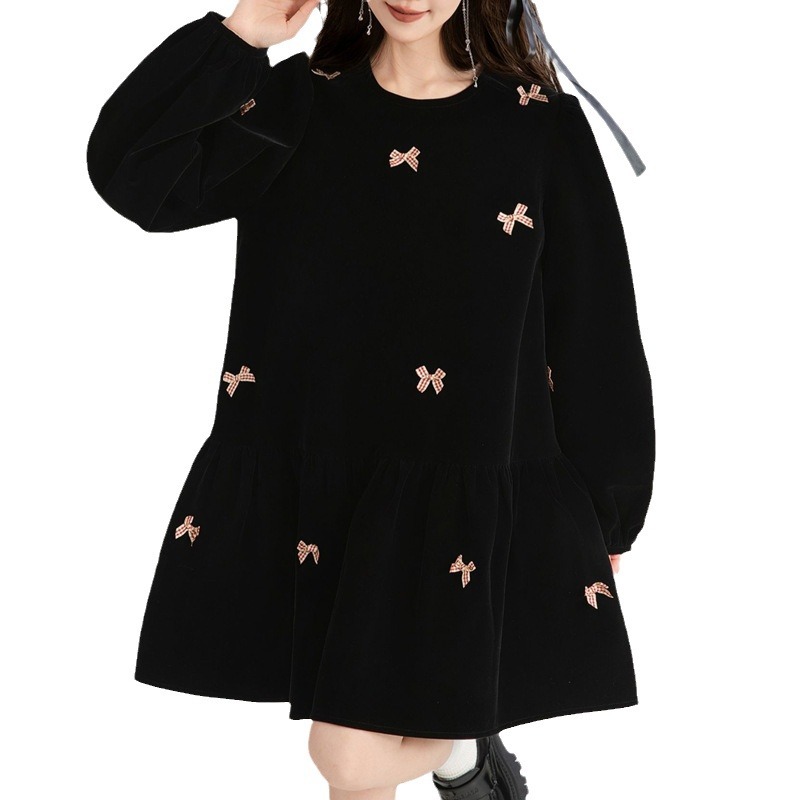 M826 Bowknot black velvet dress Spring 2024 new style high-end Qianjin style puff sleeve skirt