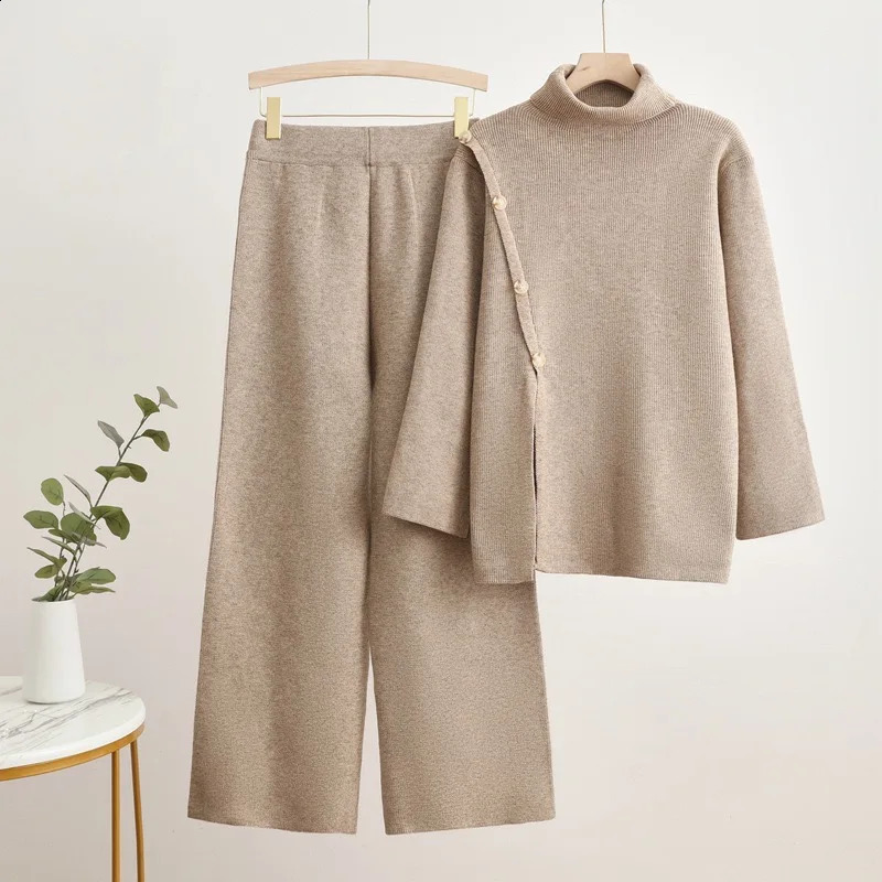 Warm Soft Knited 2 Piece Sets Fall Winter Button n Sweater Tops Conjunto Casual High Waist Baggy Wide Leg Pants Ensemble 241223
