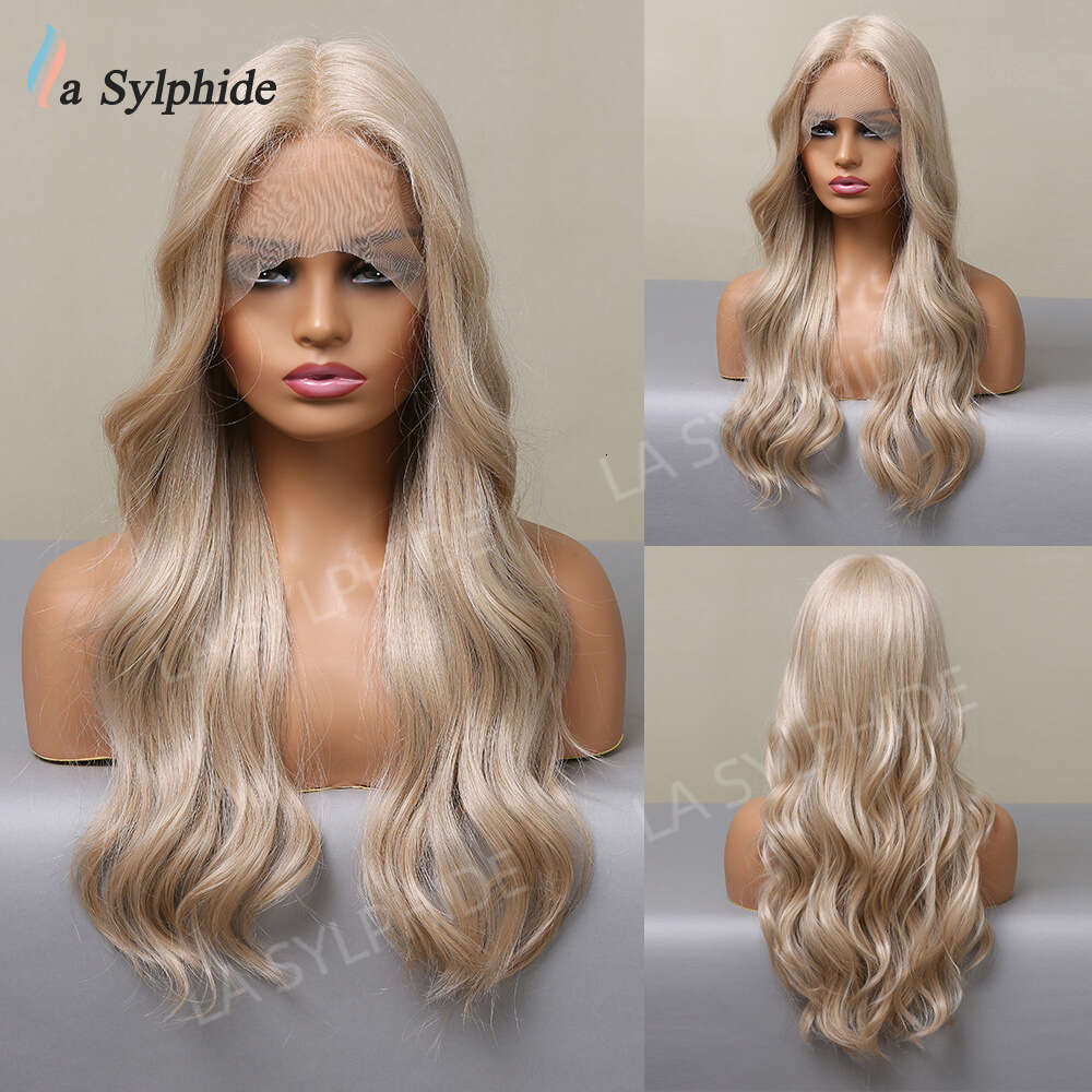 13 * 1 Front Wig Female Gold Brown Pickled Medium Split Long Curled Hair High Temperature Silk Lace T-Part Kq2 Kq2