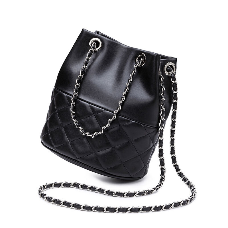 Women's Chain New Genuine Leather Women Crossbody Bucket Bag High Quality Cowhide Dia Lattice Shoulder Bags