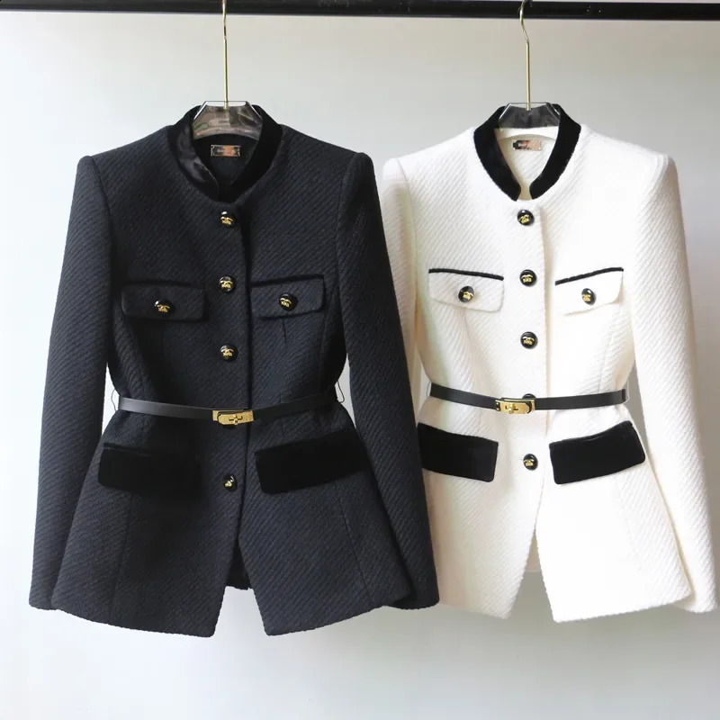 2024Autumn Winter Woolen Coat MidLong The Waist Fashion Women Button Pure Colour Black Temperament Outerwear Female 241227