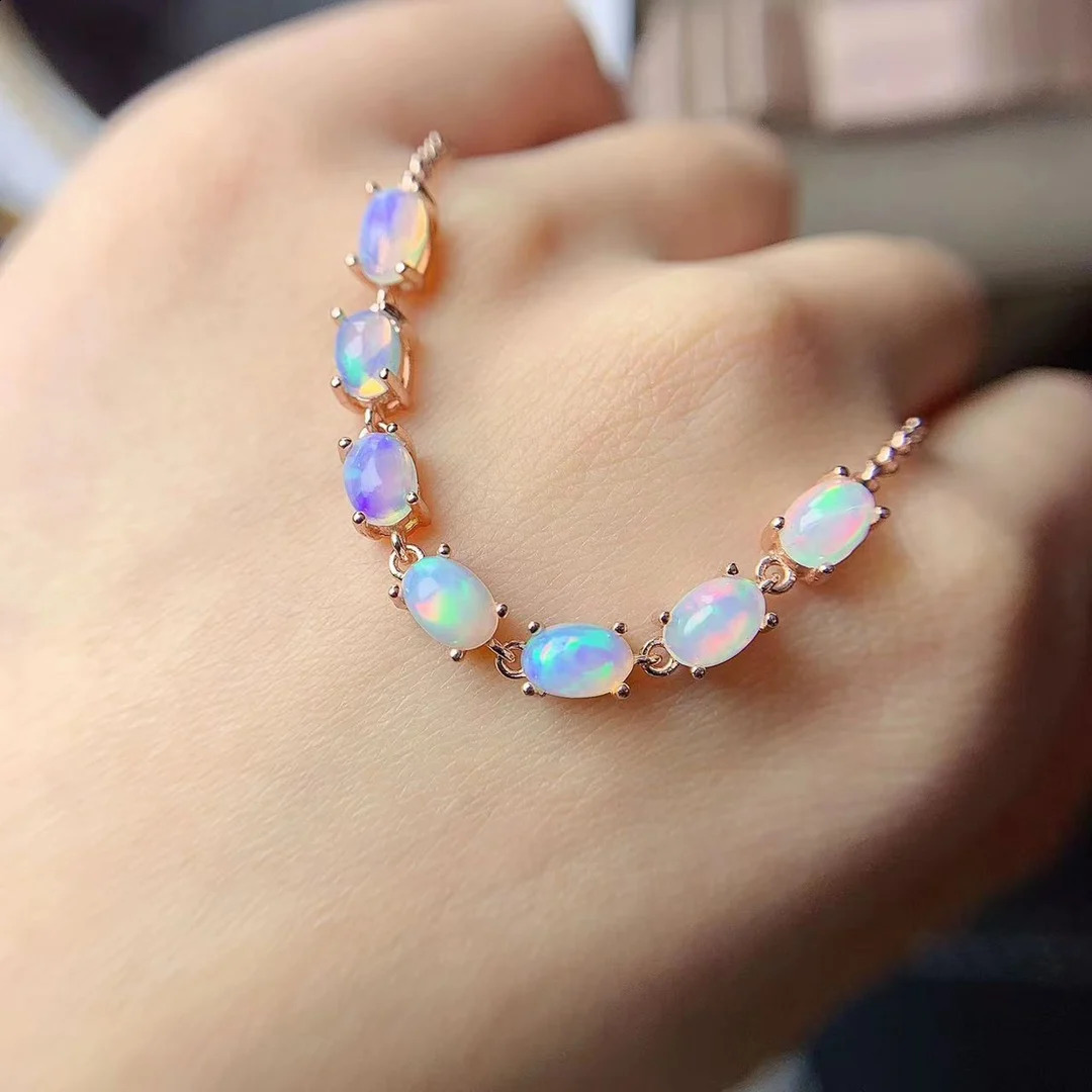 925 Sterling Silver Natural Opal Simple Bracelet Colorful Stone Bracelet Womens Fine Wedding Jewelry 4*6mm 7 Pieces 241227