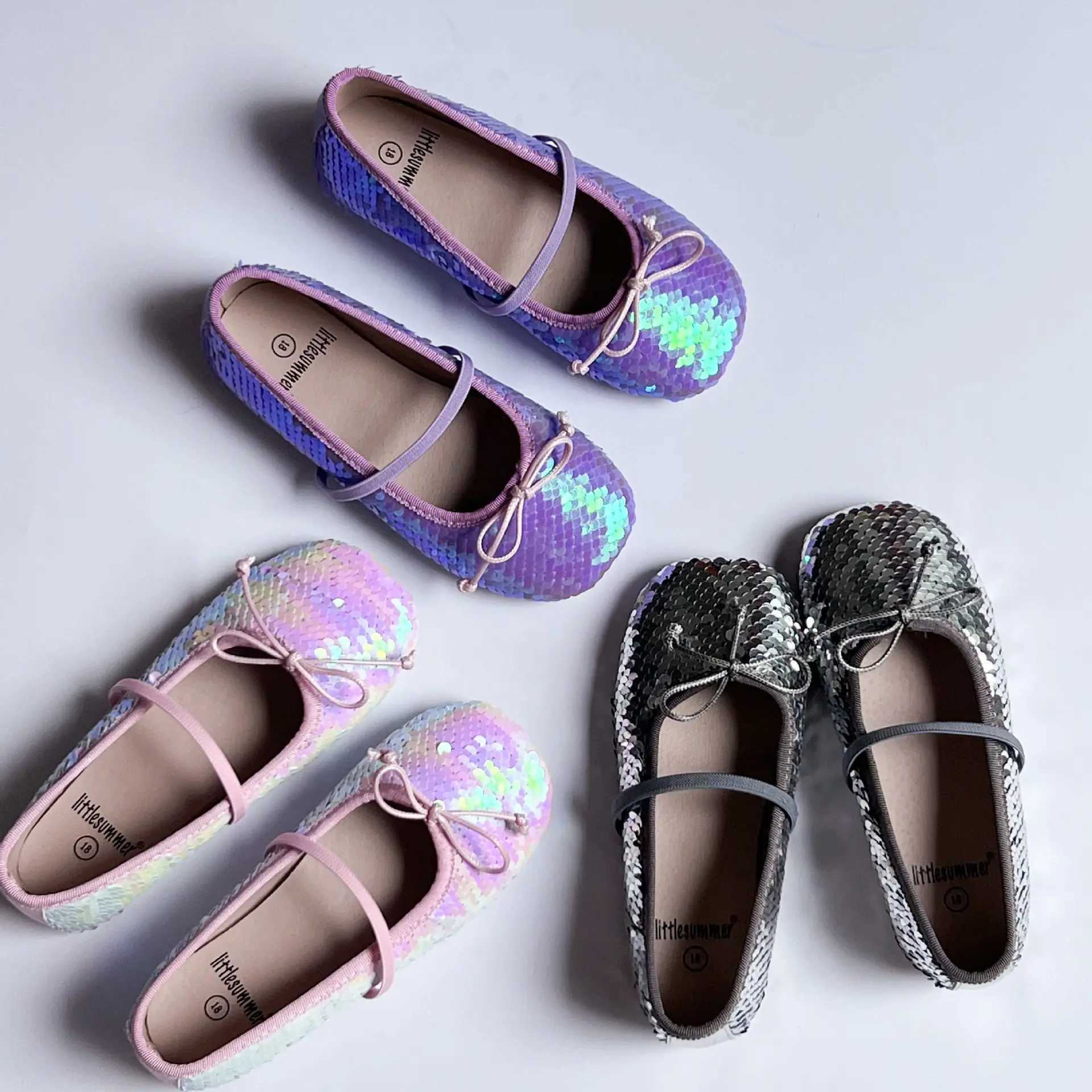 Two Tone Sequins Girls Ballet Dance Shoes Sweet Mermaid Scales Bow Childrens Flat Shoes Evening For Kids Shoes W241228