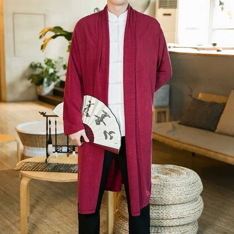 Chinese Style Mens Robe Cloak Loose Linen Cardigan Jacket Fashion Streetwear Solid Color Casual Loose Mid-length Trench Coat W241228