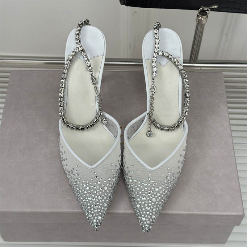 Rhies Mesh Women Pumps Sexy Ankle Strap Crystal Pendant Thin High Heels Fashion Spring Summer Wedding Prom Shoes