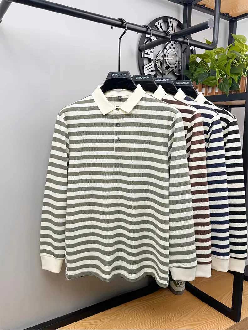 2024 New Fashion Contrast Stripe Long sleeve shirt Shirt Mens autumn High Quality T-shirt shirt Collar Korean Casual Youth Top X241228