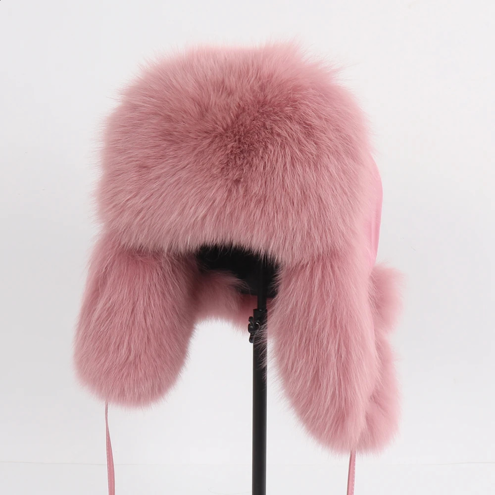 2024 Women Natural Fox Fur Russian Ushanka Hats Winter Thick Warm Ears Fashion Bomber Hat Lady Genuine Real Fox Fur Cap 241227