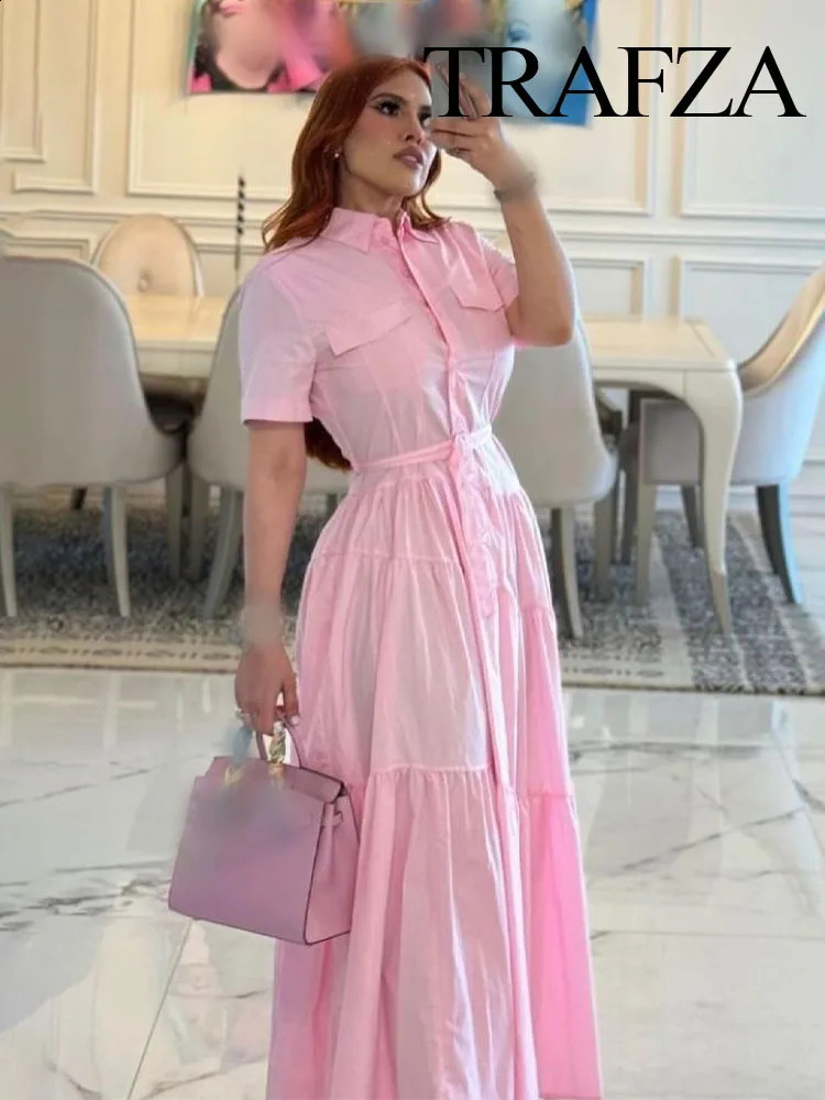 TRAFZA Women Fashion Long Dresses Solid Turn-Down Collar Short Sleeves Belt Single Breasted Female Summer Elegant Dress 2 Color 241227