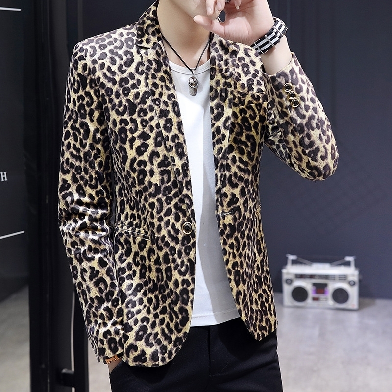 HOO L Mens Casual Thin Handmade Slim Leopard Print Jacket 241227