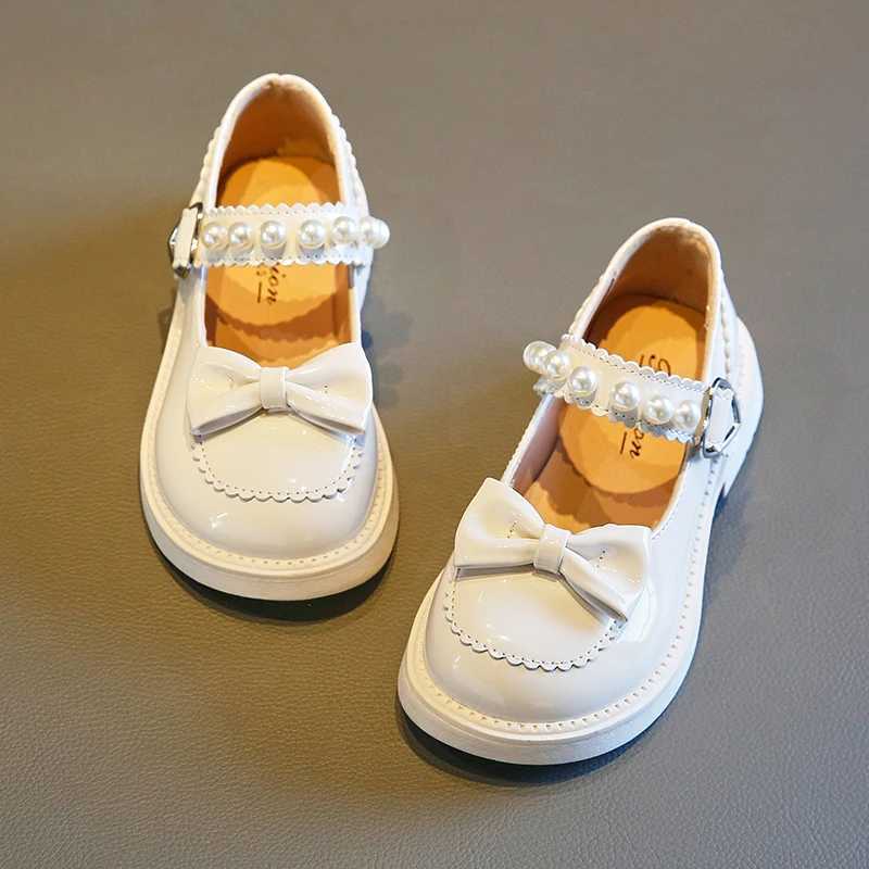 Mary Janes for Girls Spring Pearl Lolita Lovely Bowtie Black White Cover Toe Children Flat Shoes Patent Leather 27-37 Kids Shoe W241228