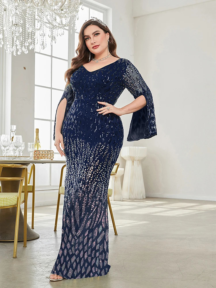 XUIBOL Plus Size Elegant Sequin Blue Evening Dress Women Formal Maxi Prom Long Sleeves Party Dress Cocktail Dress 241220