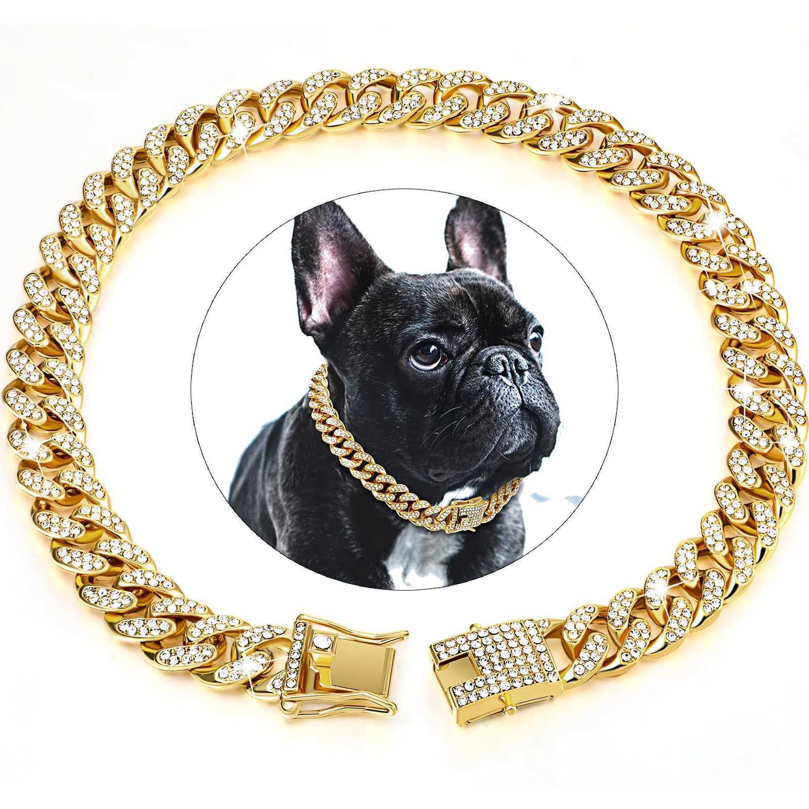 Dog Chain Diamond Cuban Collar Walking Metal Chain Collar with Design Secure Buckle Pet Cat Cuban Collar Jewelry Accessories M241228