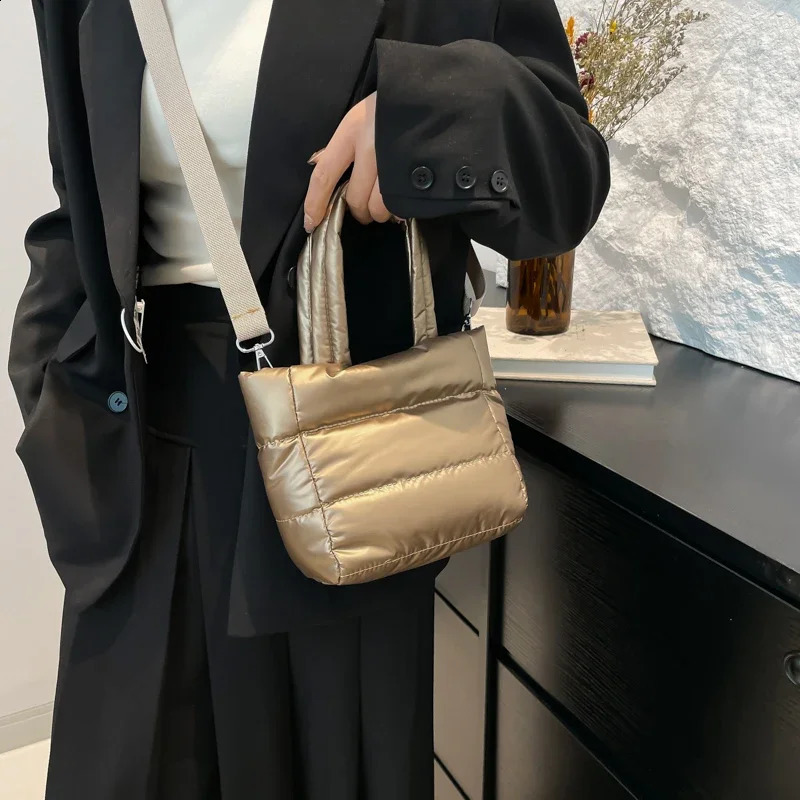 Black Padded Handbags Quilted Women Shoulder Bags Nylon Down Cotton Small Crossbody Bag Winter Tote Purse 241227