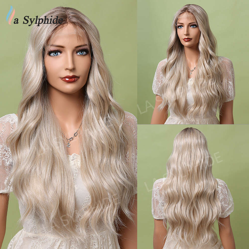 13 * 1 Front Wig Female Gold Brown Pickled Medium Split Long Curled Hair High Temperature Silk Lace T-Part Kq2 Kq2