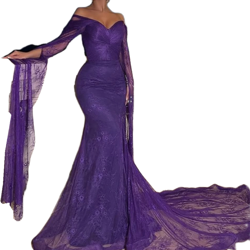 Slim Fit Lace Mermaid Evening Dresses Off Shoulder Long Sleeves Purple Prom Gown For Women Elegant Arabic Dubai Special Occasion Dress