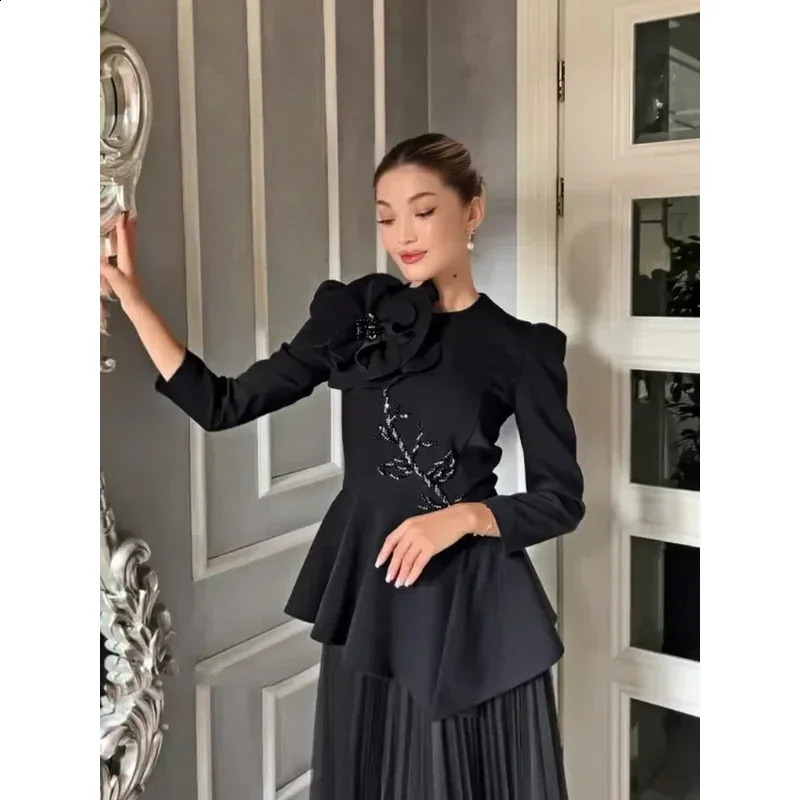 Indie customized Elegant O Neck Black Prom Gown Women Beaded Floral Party Evening Dress Ankle Length Formal Occasion Dresses 241223