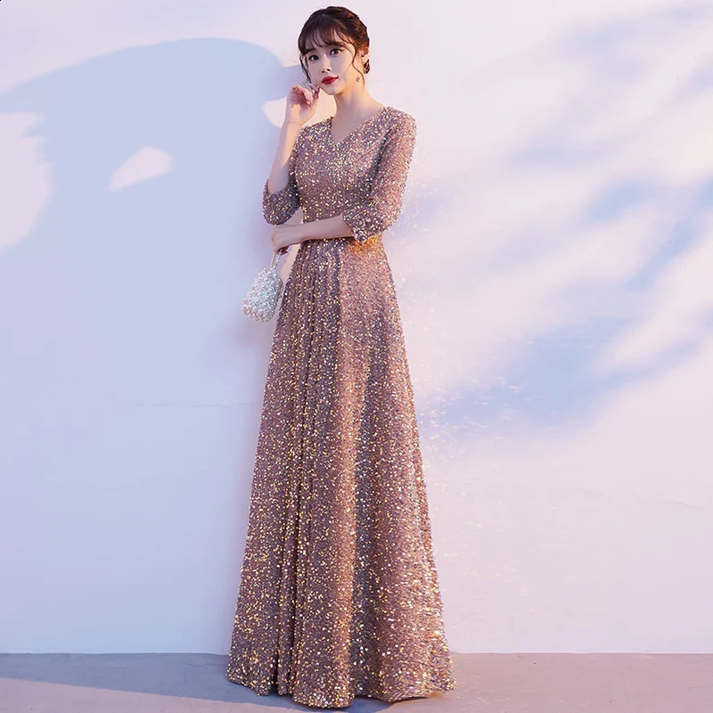 Customized Evening Dresses Deep V-Neck A-line Floor-length Zipper Back Sequins Simple Woman Formal Party Dress RU125 241223