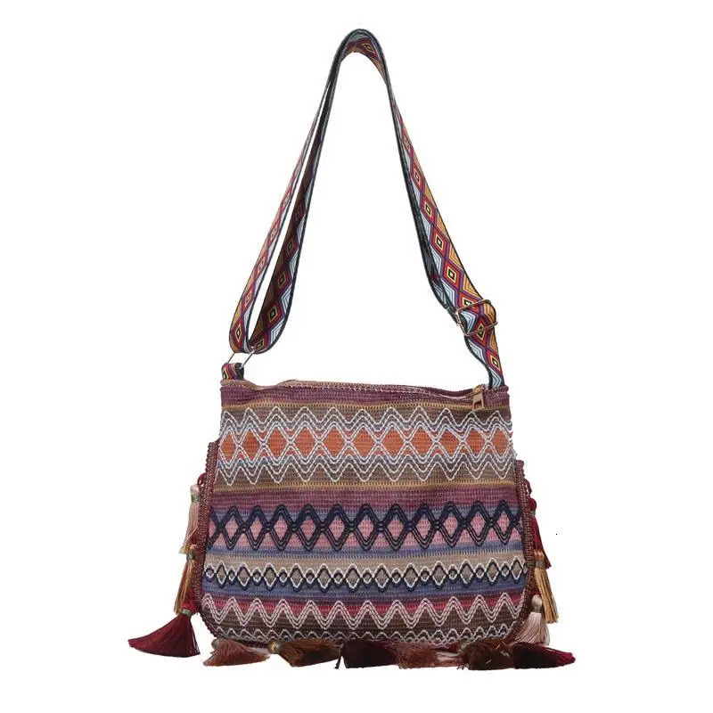 Women Ethnic Style Shoulder Bag Adjustable Strap Variegated Color Fanny Pack With Fringe Decor Casual Crossbody Sg Bags