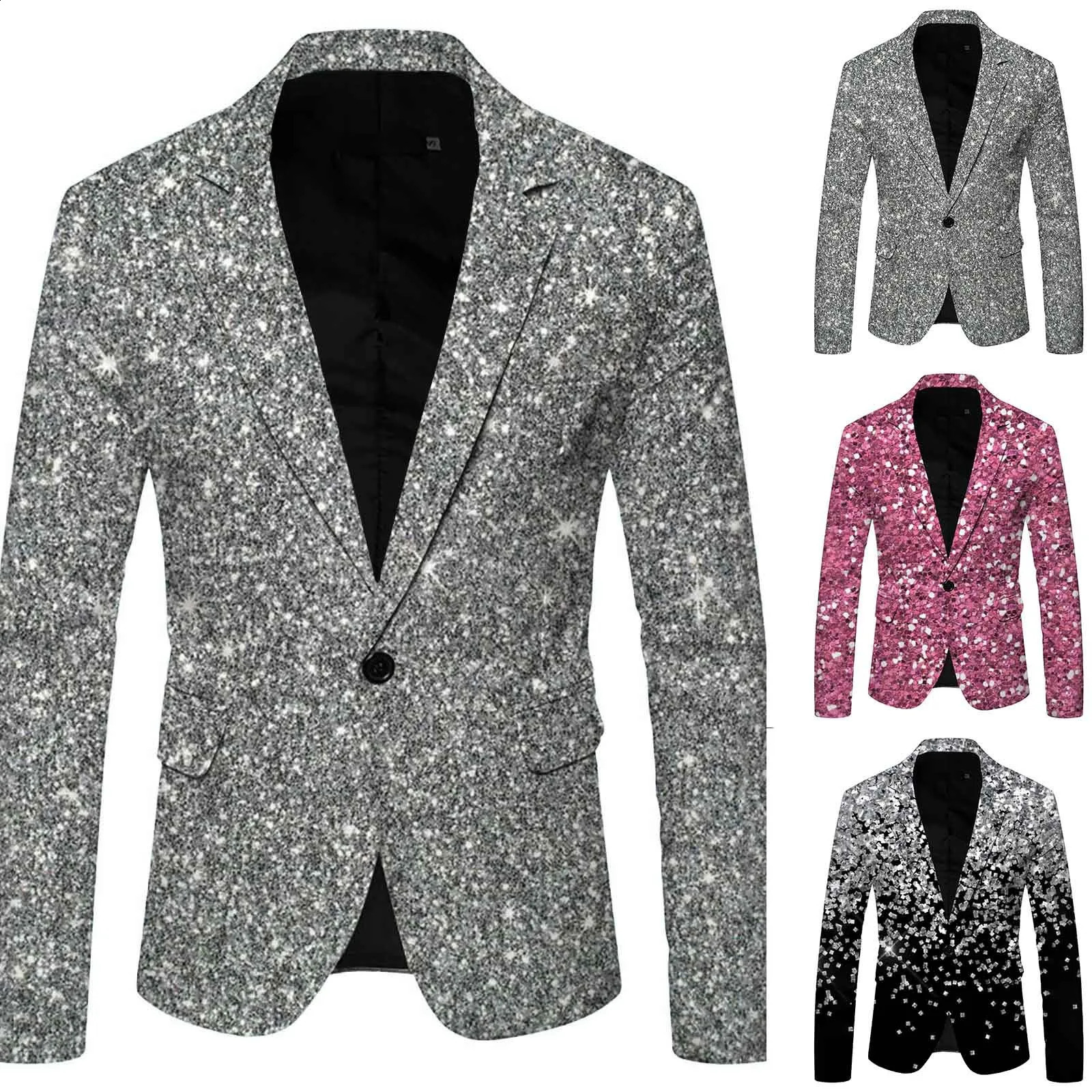 Mens 3D glitter set pocket lapel single button jacket wedding party performance dress mens nightclub jacket 241227