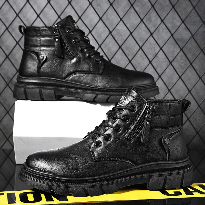 Men Retro Work Ankle Boots Autumn Winter Thick Bottom High Top Casual Leather Chelsea Desert Waterproof Male 241223