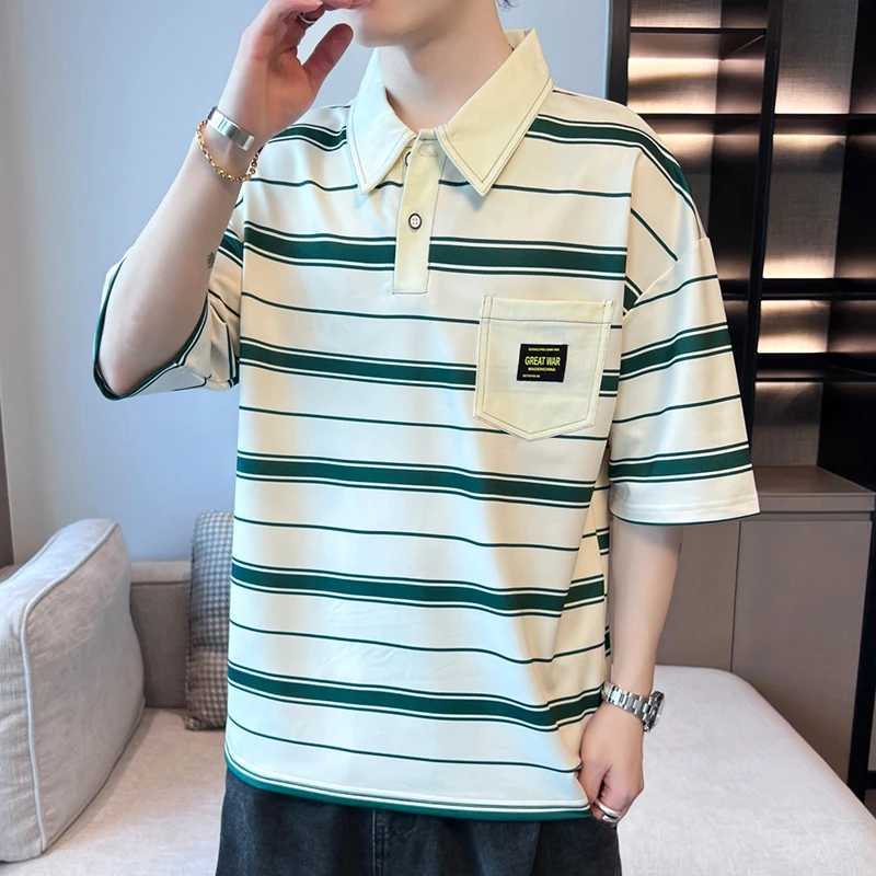 Mens Korean striped patchwork T-shirt summer casual loose half sleeved youthful and energetic shirt shirt X241228