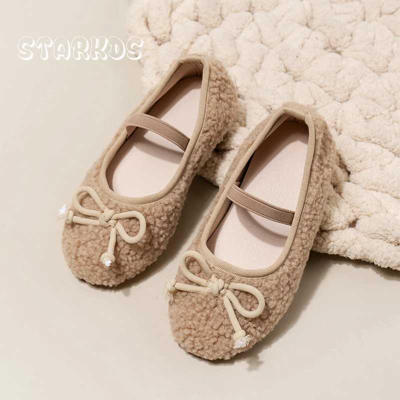 Bowknot Lambswool Ballet Flats Kid Girl Winter Warm Teddy Fur Ballerina Shoes Child Cosy Plush Shallow Loafers with Elastic Band W241228