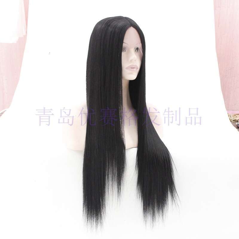 Wig For Ladies, Mid Length Straight Hair, Black Synthetic Front Lace Wig Headband Kq2 Kq2
