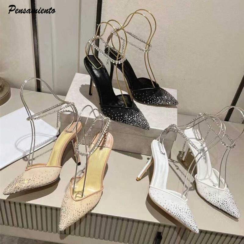 Rhies Mesh Women Pumps Sexy Ankle Strap Crystal Pendant Thin High Heels Fashion Spring Summer Wedding Prom Shoes