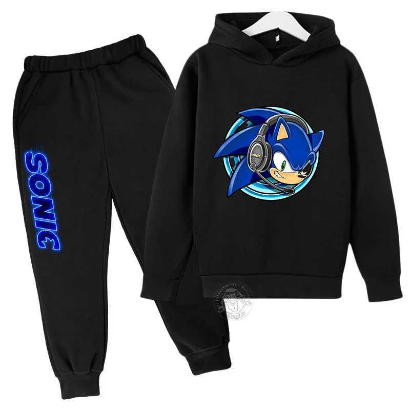 Childrens Anime Cartoon Sonic -Letter Printed Autumn/Winter Warm Two Piece Hoodie+Pants Sports Set for Boys and Girls Aged 3-13 X241228