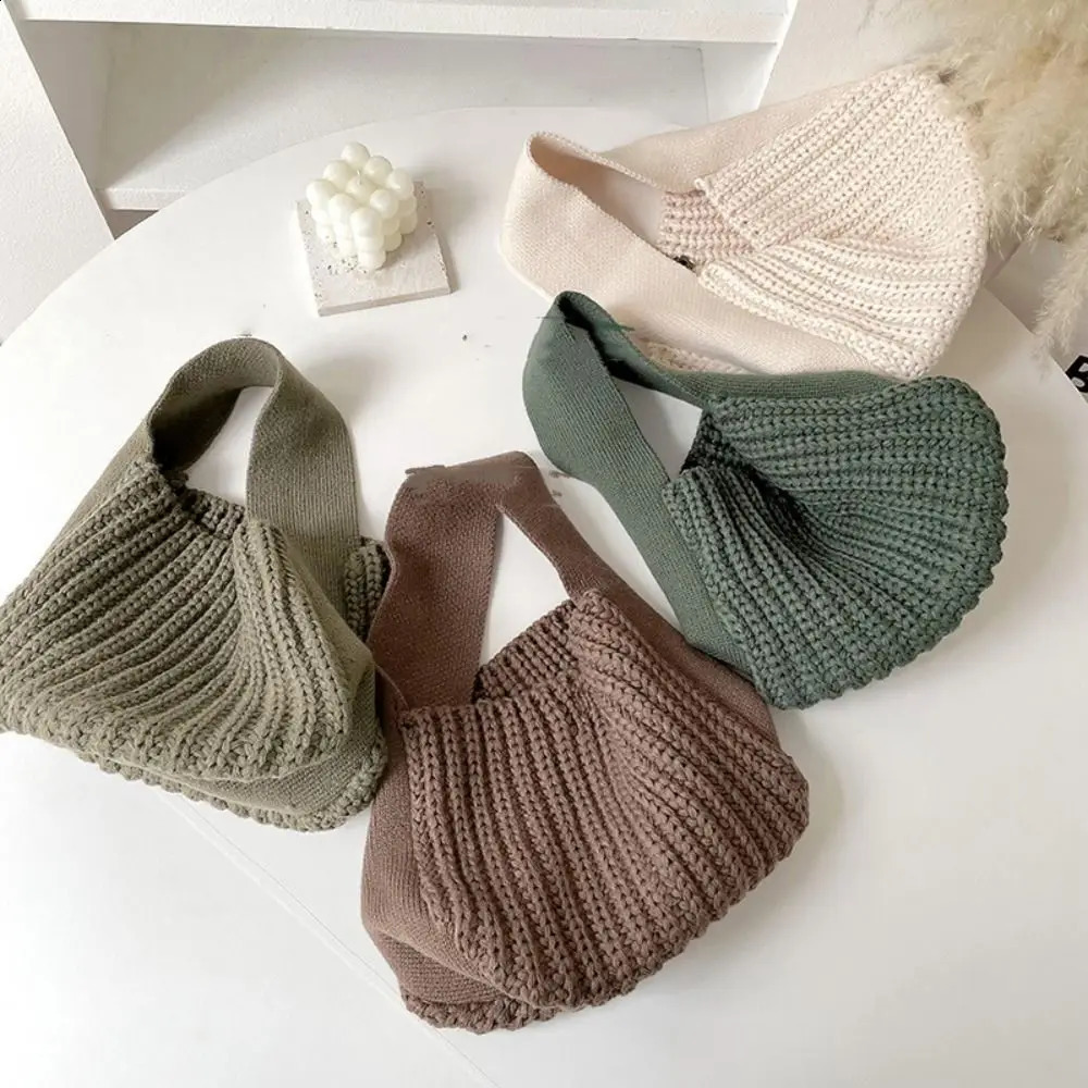 Handmade Knit Handbag Women Mini Knot Wrist Bag Fashion Casual Color Tote Bag Student Reusable Shopping Bags 241227