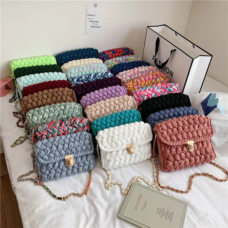 Handmade Woven Womens Crossbody Bags Thread Hook Knitted Shoulder Bag Colorful Strip Chains for Women Small Purses 241225