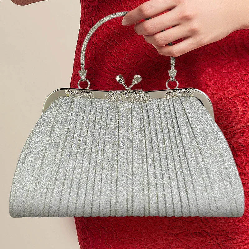 High Quality Women Evening Bag Vintage Elegant Party Ruched Clutch Purse Bags Night Wedding Gold Crossbody for Handbag 241227